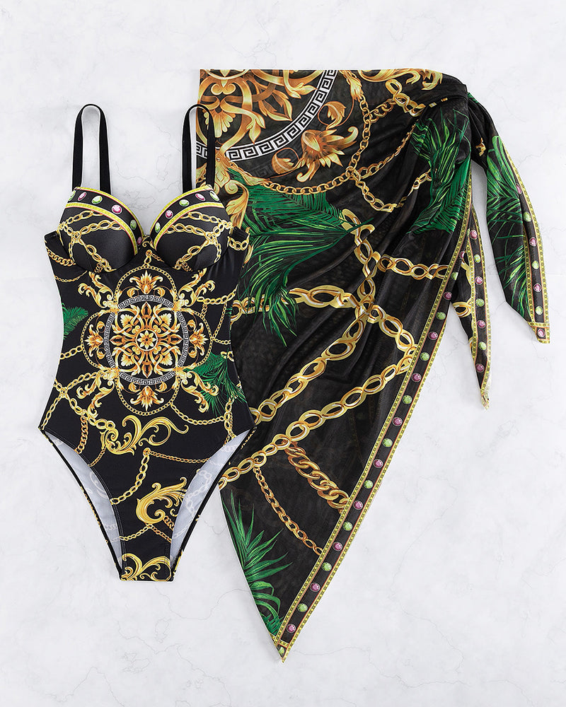 Janiel | One-Piece Swimsuit with Push-Up Effect and Matching Beach Skirt
