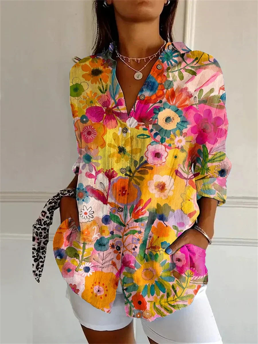 Angela | Pink patterned blouse in yellow color