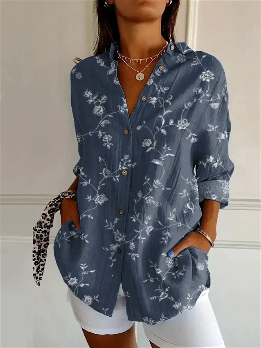 Amy | Long Blue Blouse with Floral Pattern