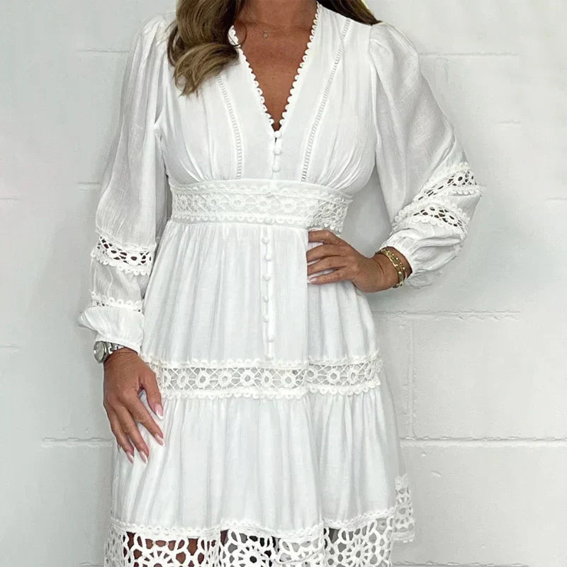 Margaret | Romantic White Lace Dress with V-Neck