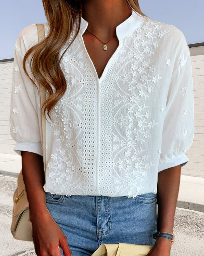 Kathleen | Embroidered Blouse with Split Collar