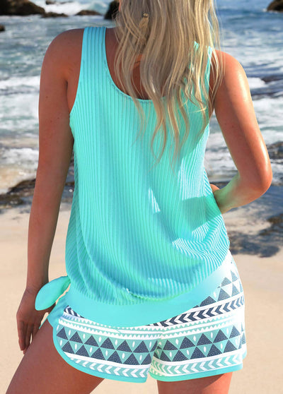 Ophelia | Stylish Aqua Geometric Pattern Tankini Set