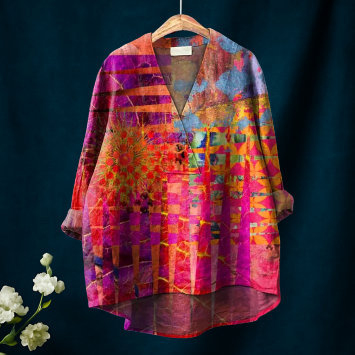 Colorful Geometric Pattern Printed Women's Casual V-neck Shirt