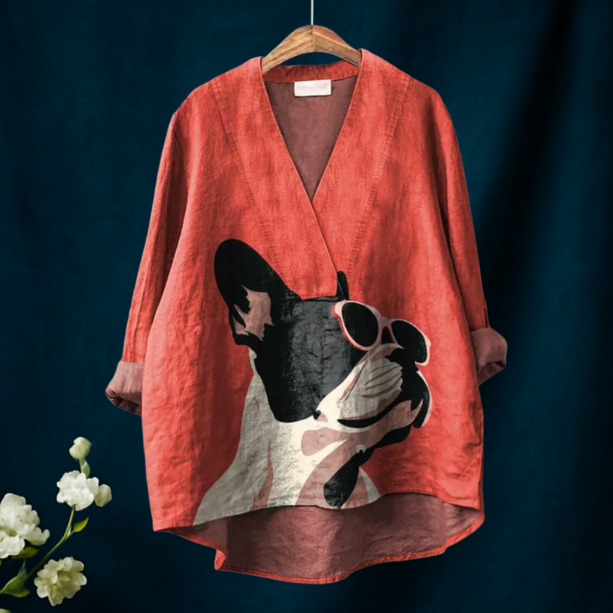 Illonah | Women's Vintage French Bulldog Sunglasses V-Neck Shirt