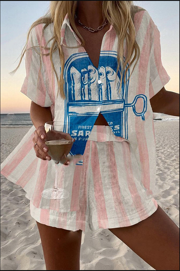 Kyla | Short Linen Set with Sardine Print