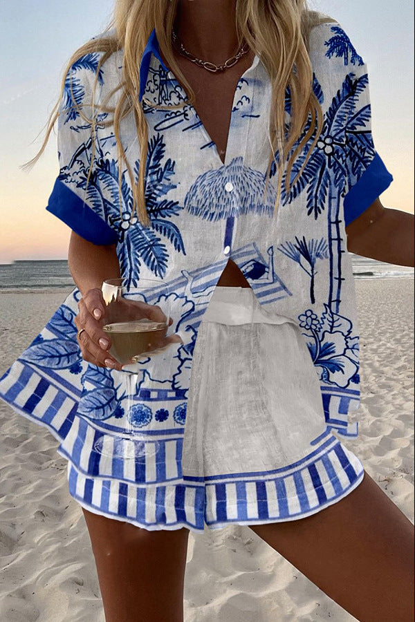 Jaynalyn | Short-Sleeved Linen Outfit with Palm Pattern