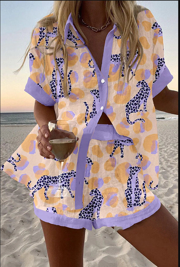 Kisses | Short-Sleeve Linen Set in Leopard Print