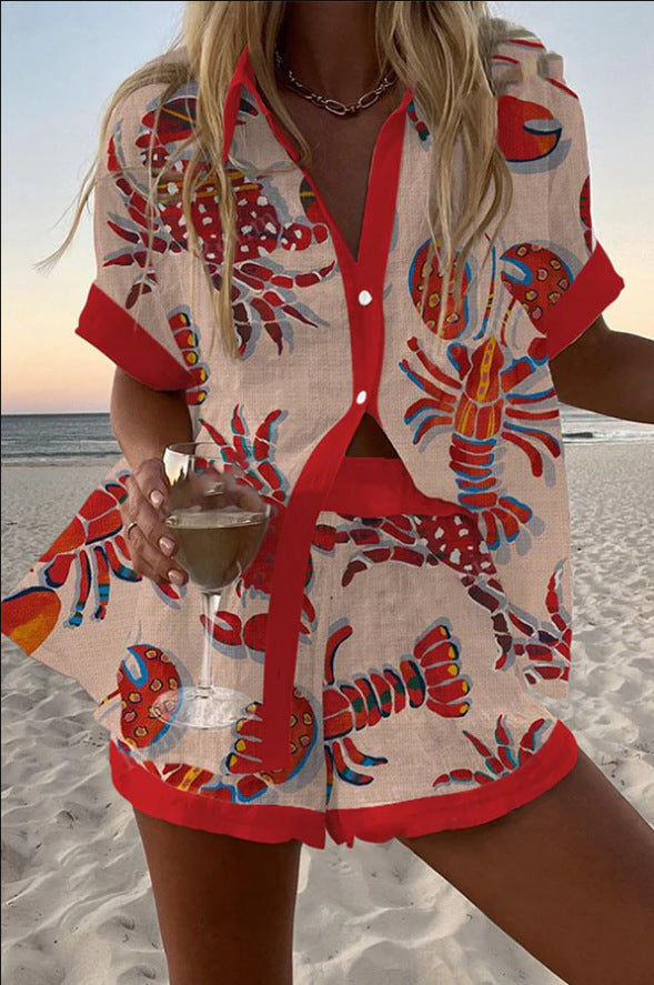 Joy | Short Linen Set with Lobster Pattern