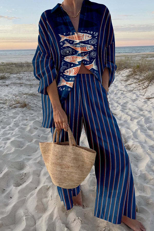 Zairine | Linen Set with Koi Motif in Blue