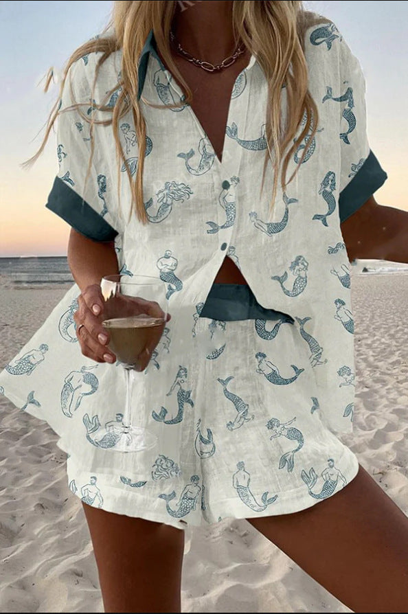 Mona | Short Linen Outfit with Mermaid Motif