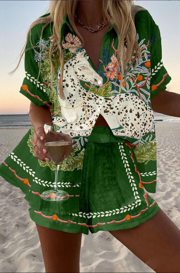 Daphne | Short Linen Outfit with Horse Motif