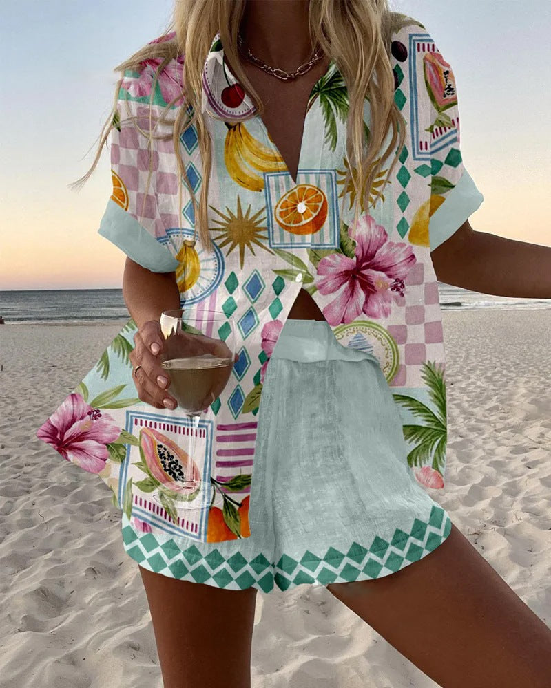 Maevin | Short Linen Outfit with Fresh Fruit Pattern