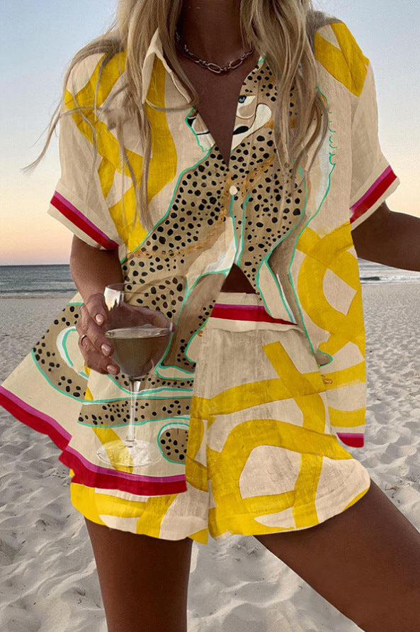 Janelle | Short Linen Set in Cheetah Design