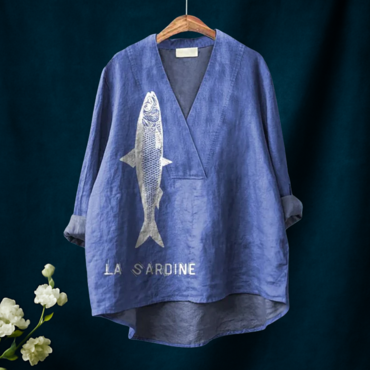 Alyssa | Sardine Fish Graphic Printed Women's Casual V-neck Shirt