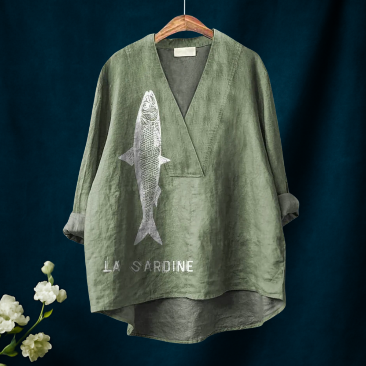 Alyssa | Sardine Fish Graphic Printed Women's Casual V-neck Shirt