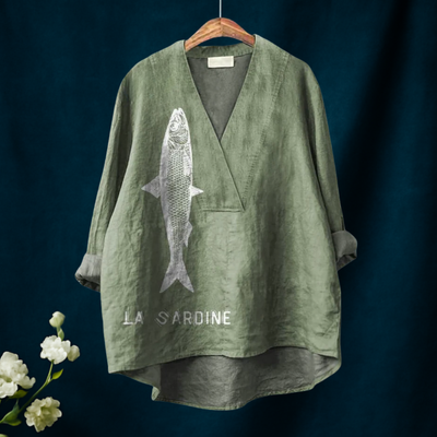 Alyssa | Sardine Fish Graphic Printed Women's Casual V-neck Shirt