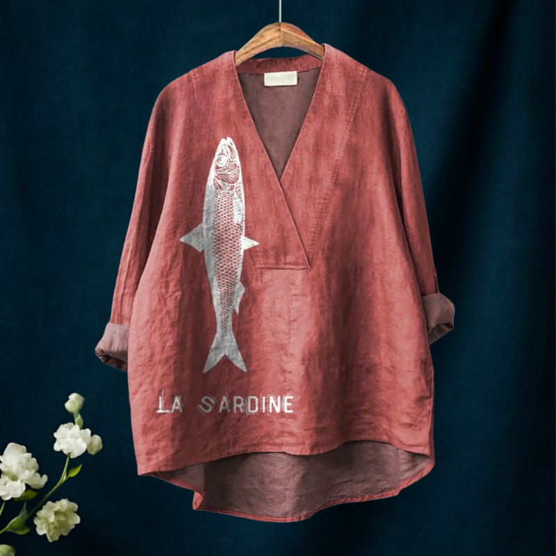 Alyssa | Sardine Fish Graphic Printed Women's Casual V-neck Shirt