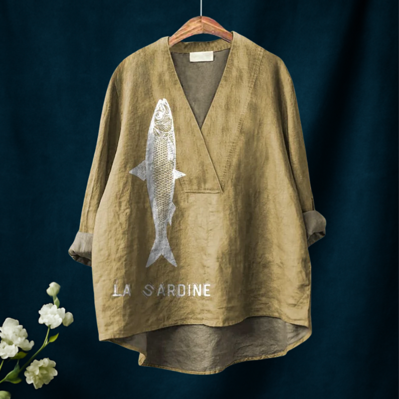 Alyssa | Sardine Fish Graphic Printed Women's Casual V-neck Shirt