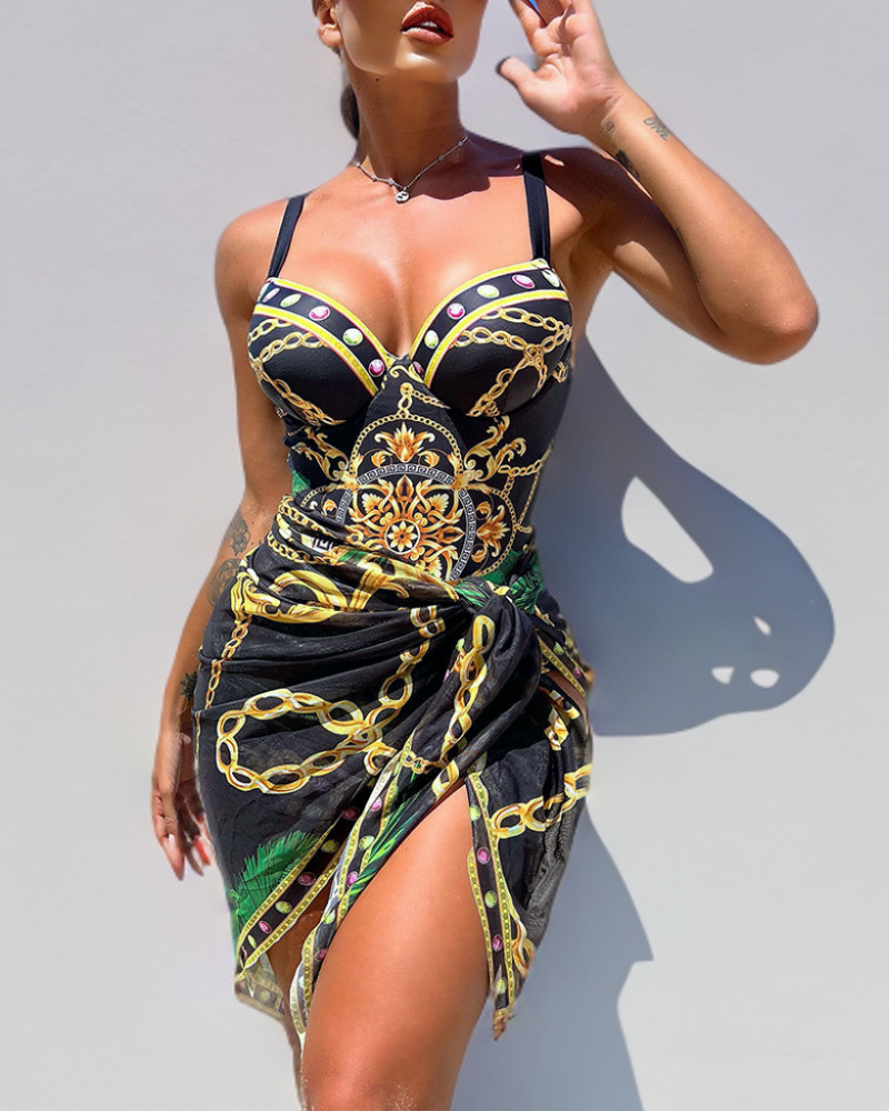 Janiel | One-Piece Swimsuit with Push-Up Effect and Matching Beach Skirt
