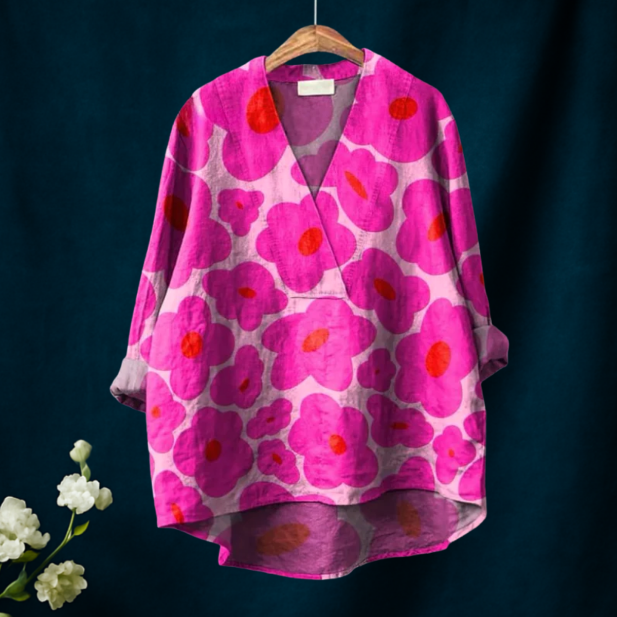 Stephanie | Vibrant Pink Floral Pattern Printed Women's Casual V-neck Shirt