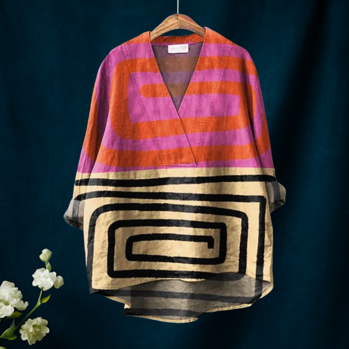 Hazel | Women's Abstract Color-block Geometry Print Casual V-neck Shirt