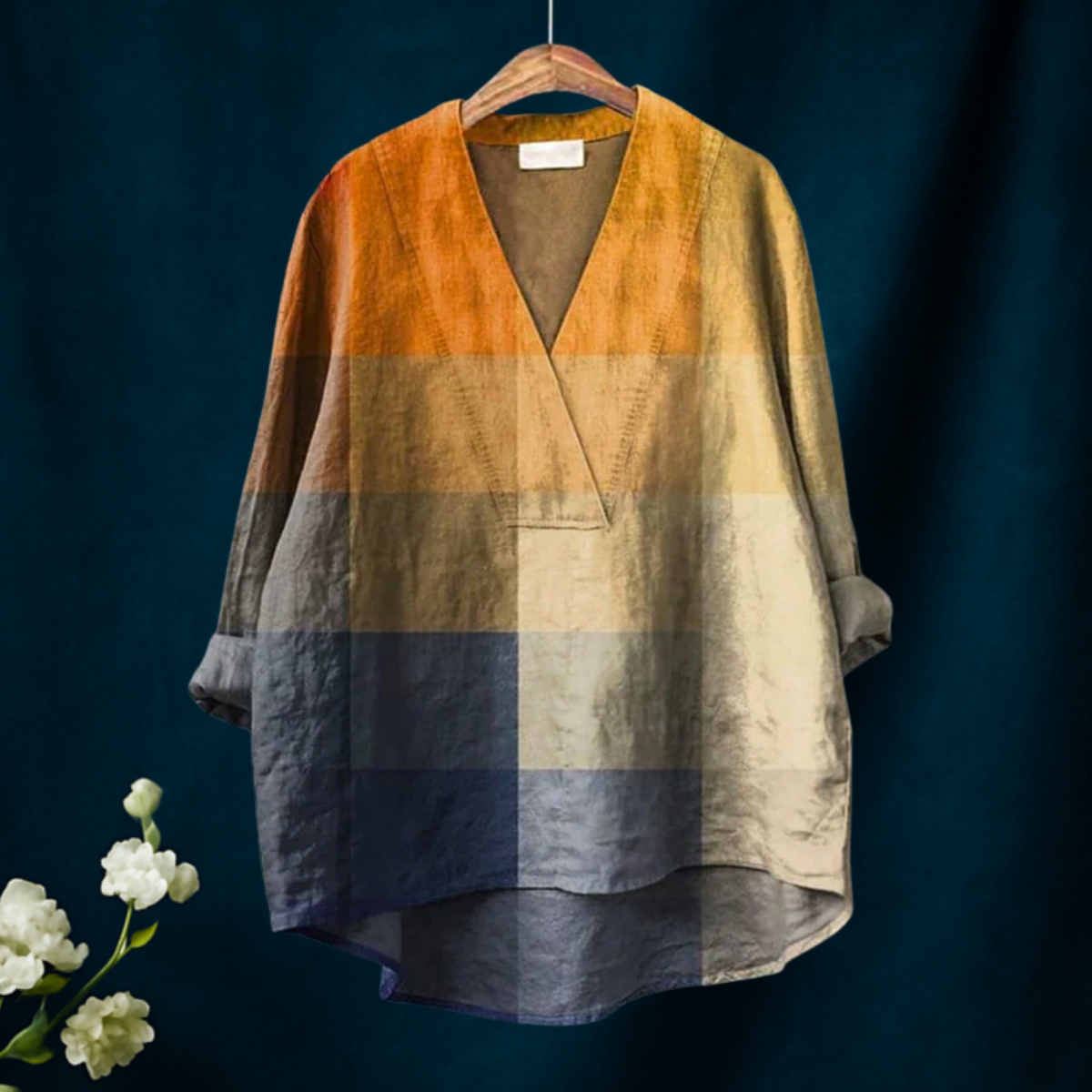Kathleen | Women's Blue Orange Gradient Plaid Mosaic Art Print Casual V-neck Shirt