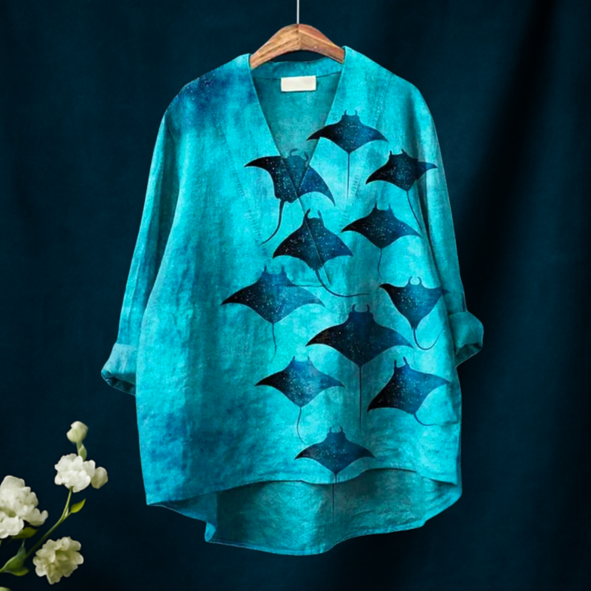 Erin | Women's Manta Rays Art Print Casual V-neck Shirt