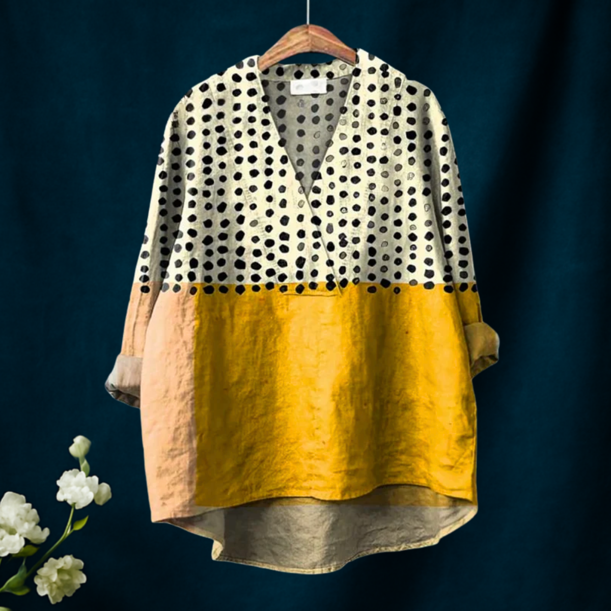 Julienne | Women's Yellow Color-blocked Dots Print Casual V-neck Shirt