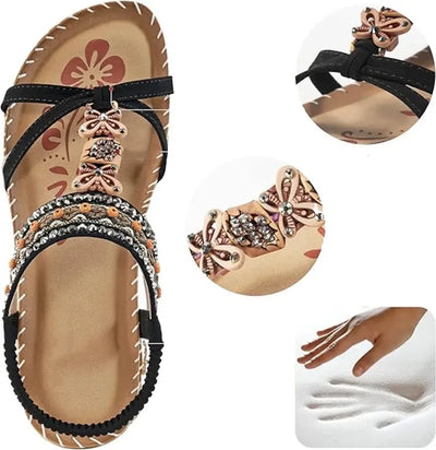 Clara | Elegant sandals decorated with flowers and a rhinestone butterfly