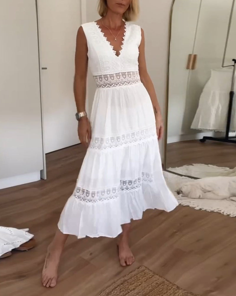 Abigail | Sleeveless Midi Dress in Boho Style with Lace Details