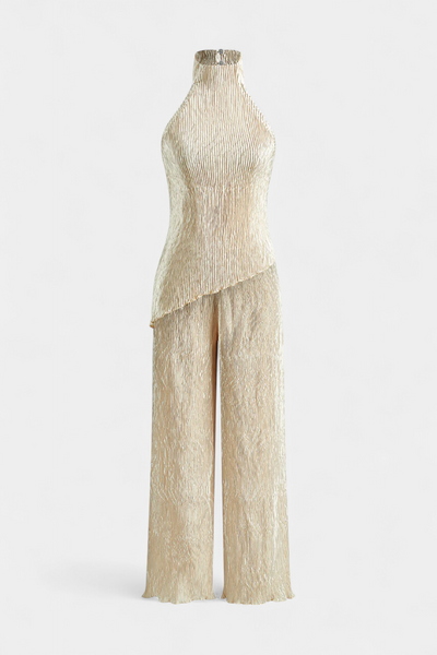 Patricia | Elegant Pleated Asymmetrical Top and Fluid Pants Set