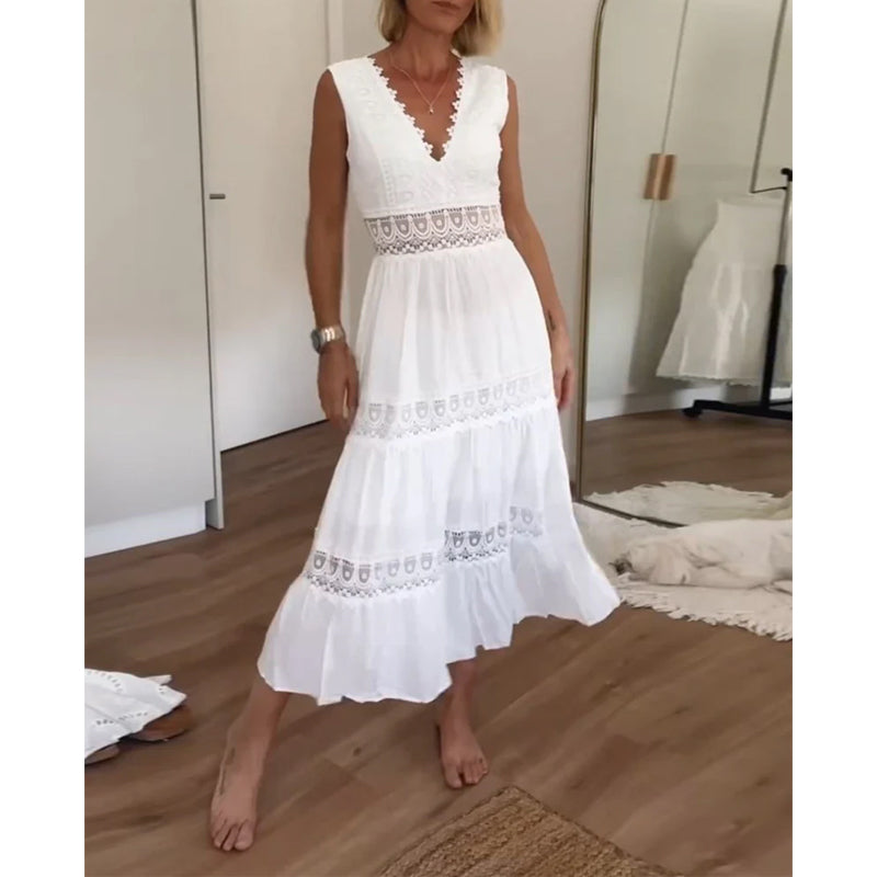 Abigail | Sleeveless Midi Dress in Boho Style with Lace Details