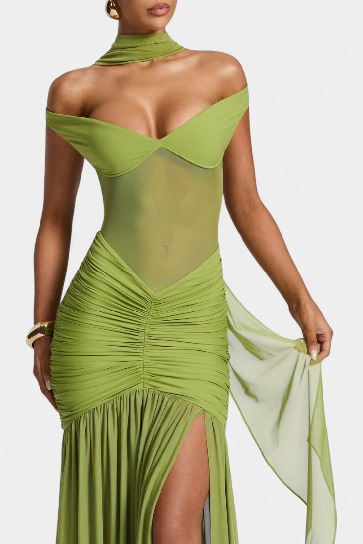 Therese | Long Silk Dress with Deep Neckline and Elegant Gatherings