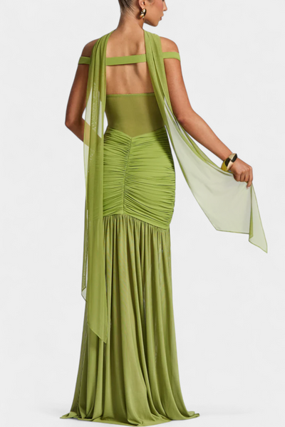 Therese | Long Silk Dress with Deep Neckline and Elegant Gatherings