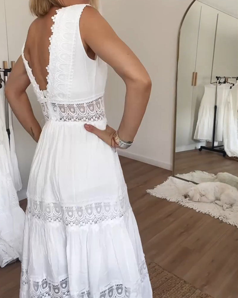 Abigail | Sleeveless Midi Dress in Boho Style with Lace Details